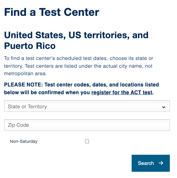 Screenshot of the ACT Test Center search from the ACT website