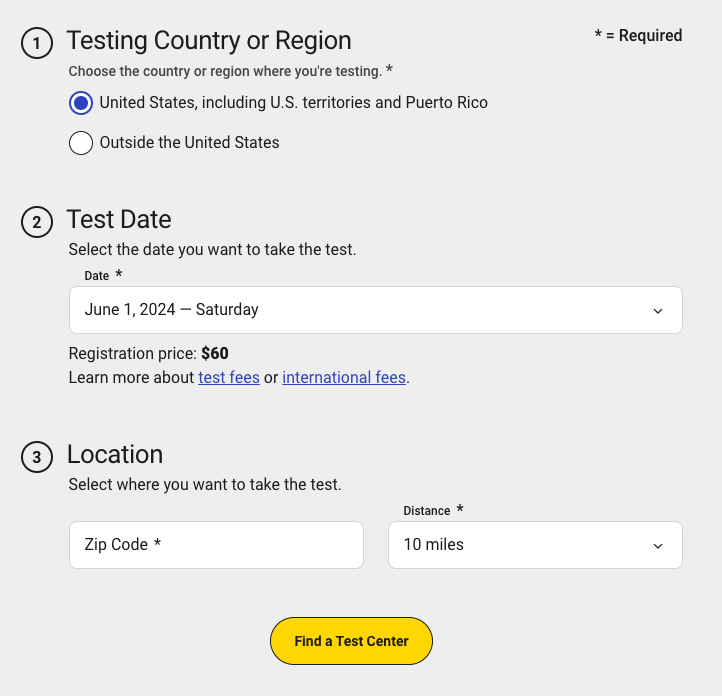 Screenshot of SAT Testing Location search from the SAT website.