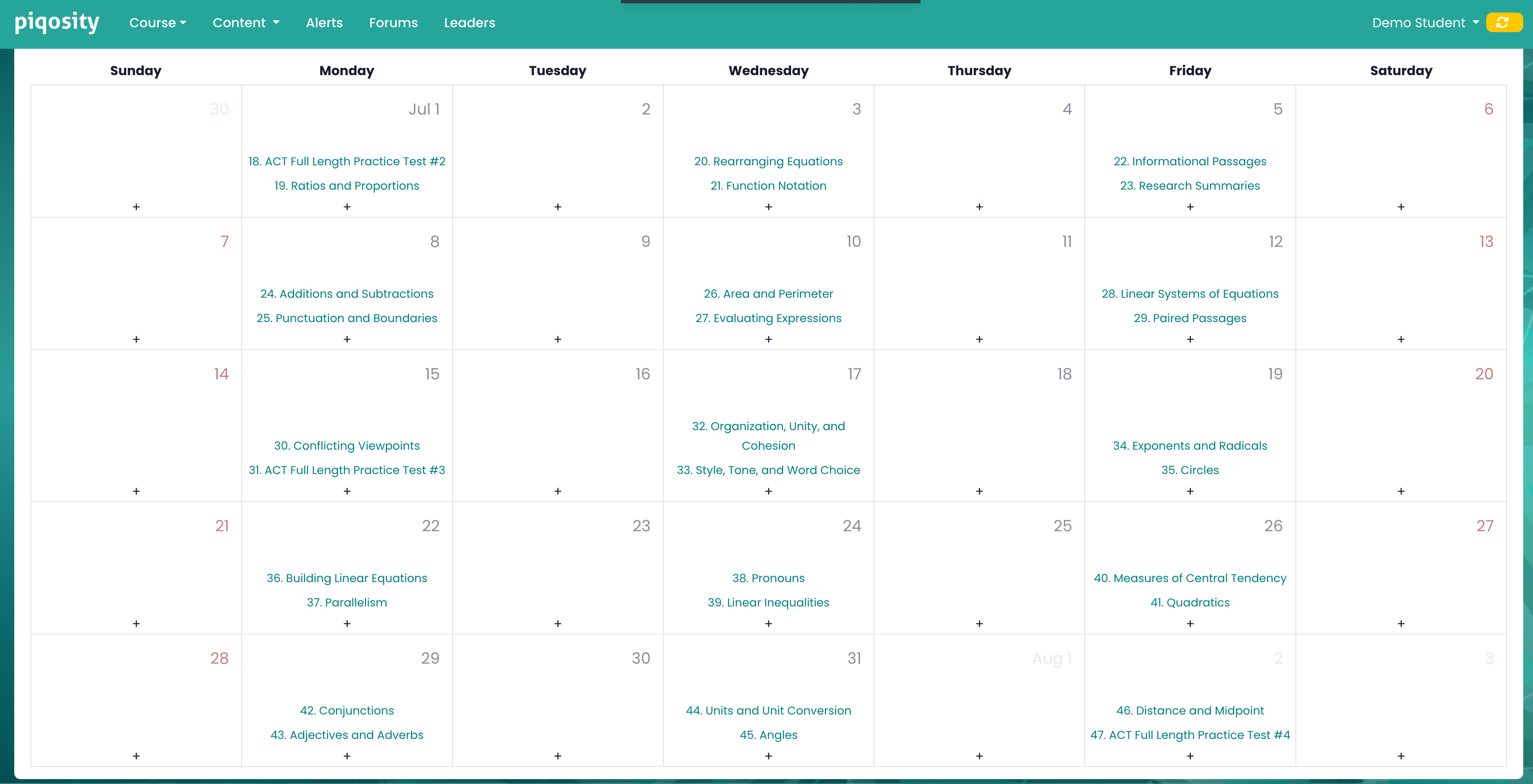 PVT calendar for ACT prep.