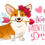 Funny corgi dog dressed as Cupid, with angel wings, rose flower wreath on head, heart arrow in mouth. Valentine's day, love, pets, dog lovers cartoon theme corgi design