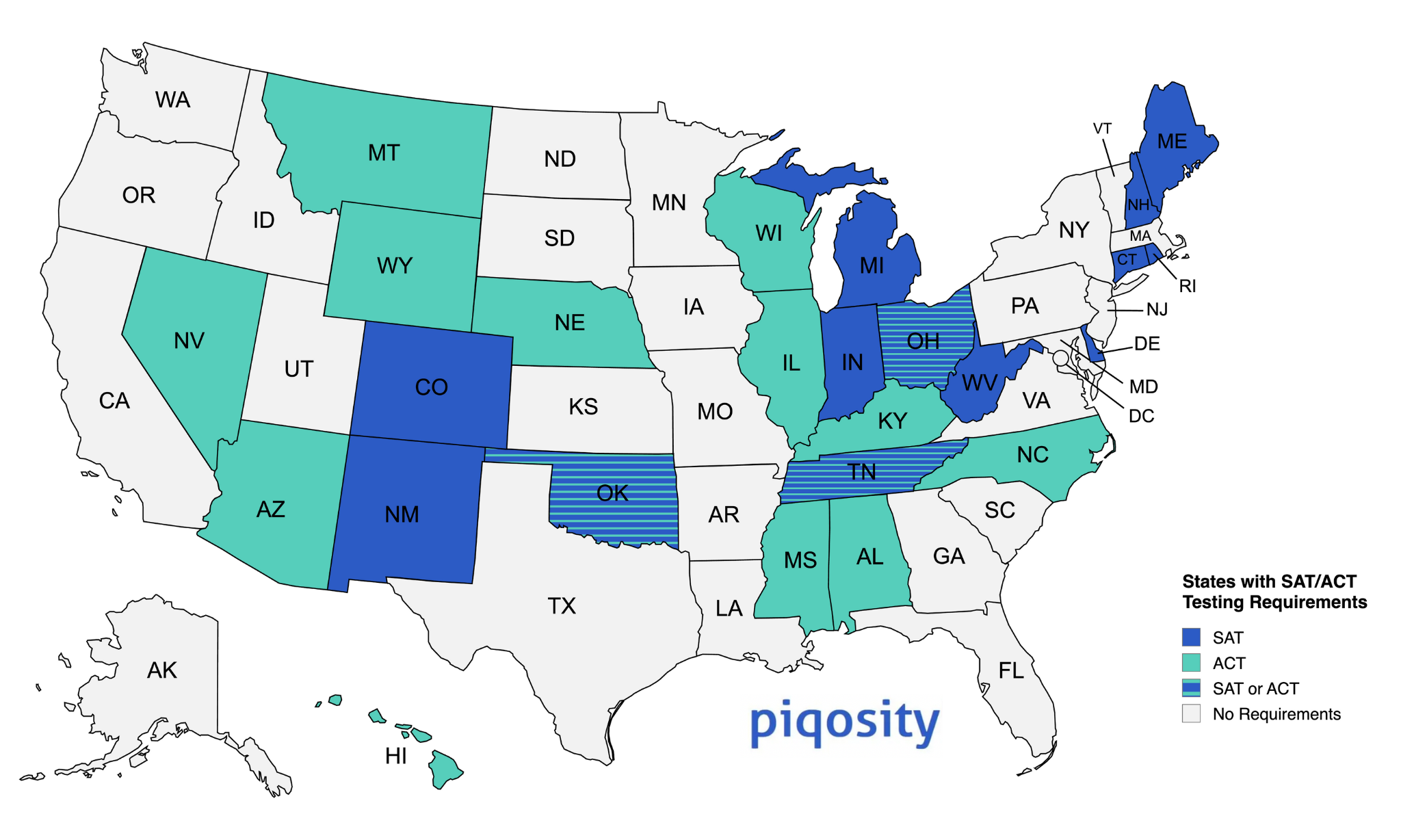 A map chart of the United States, demonstrating which states require the SAT, which require the ACT, and which require either of the two. (Updated Oct 2024)