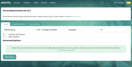 Piqosity's Personalized Practice set-up page.
